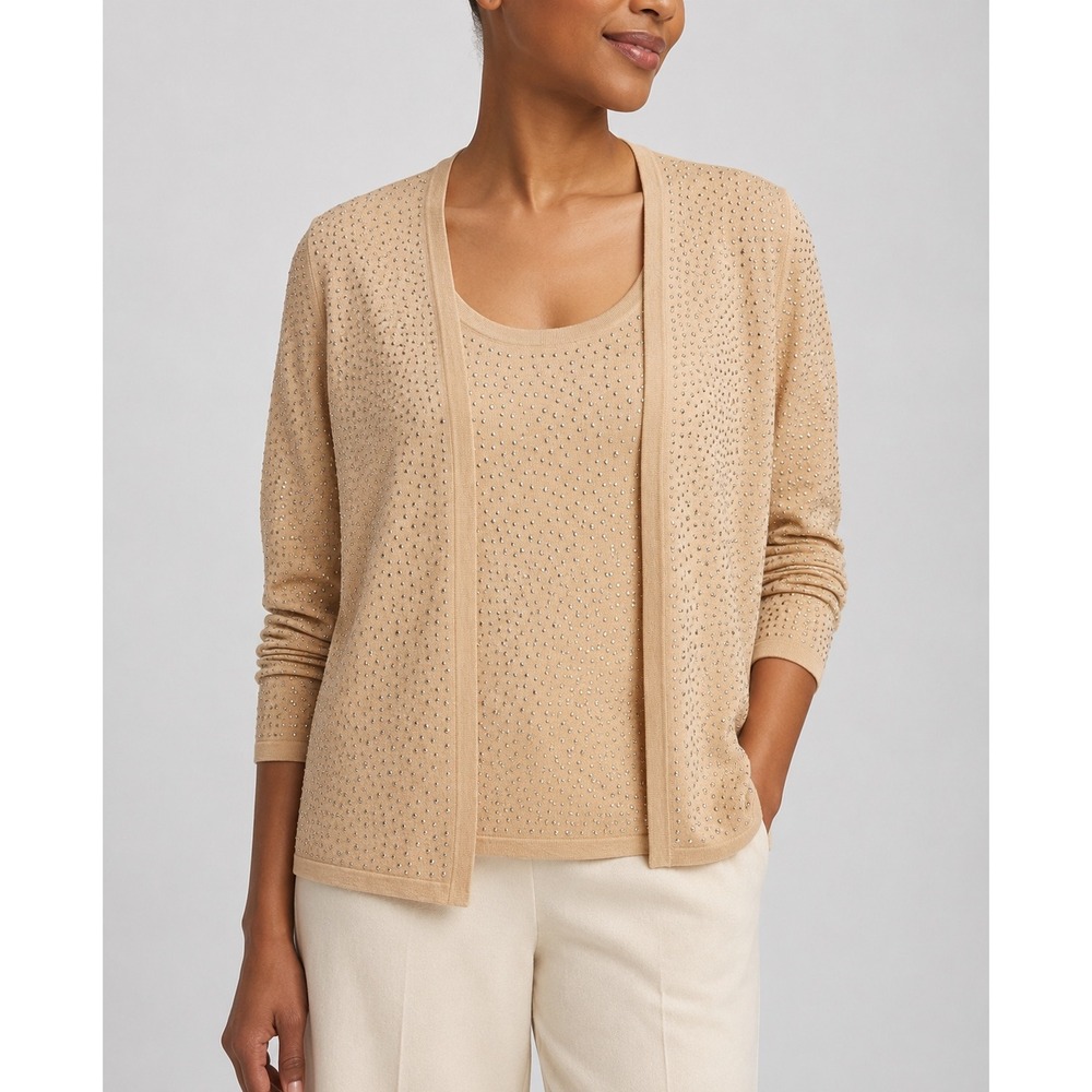 Chico's Twin Set Women 2 L Beige Studded Cardigan and Tank Top 2 Piece Sweater